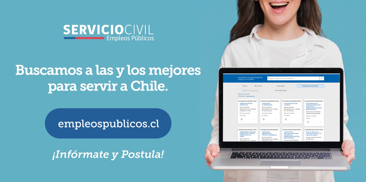Portada del portal de Empleos Públicos del Servicio Civil, con el slogan "Buscamos a las y los mejores para servir a Chile". Invitación a informarse y postular en empleospublicos.cl