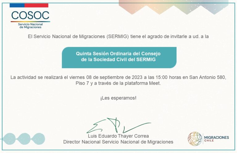 Invitación a Quinta Sesión Ordinaria COSOC del SERMIG, a realizarse el 8 de septiembre de 2023.