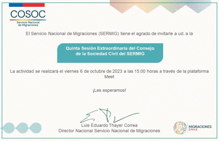 Invitación a Quinta Sesión Extraordinaria COSOC del SERMIG, a realizarse el 6 de octubre de 2023.