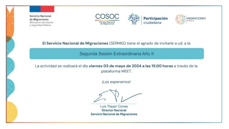 Invitación a la Segunda Sesión Extraordinaria del COSOC, año II, que se realizará el 03 de mayo de 2024.