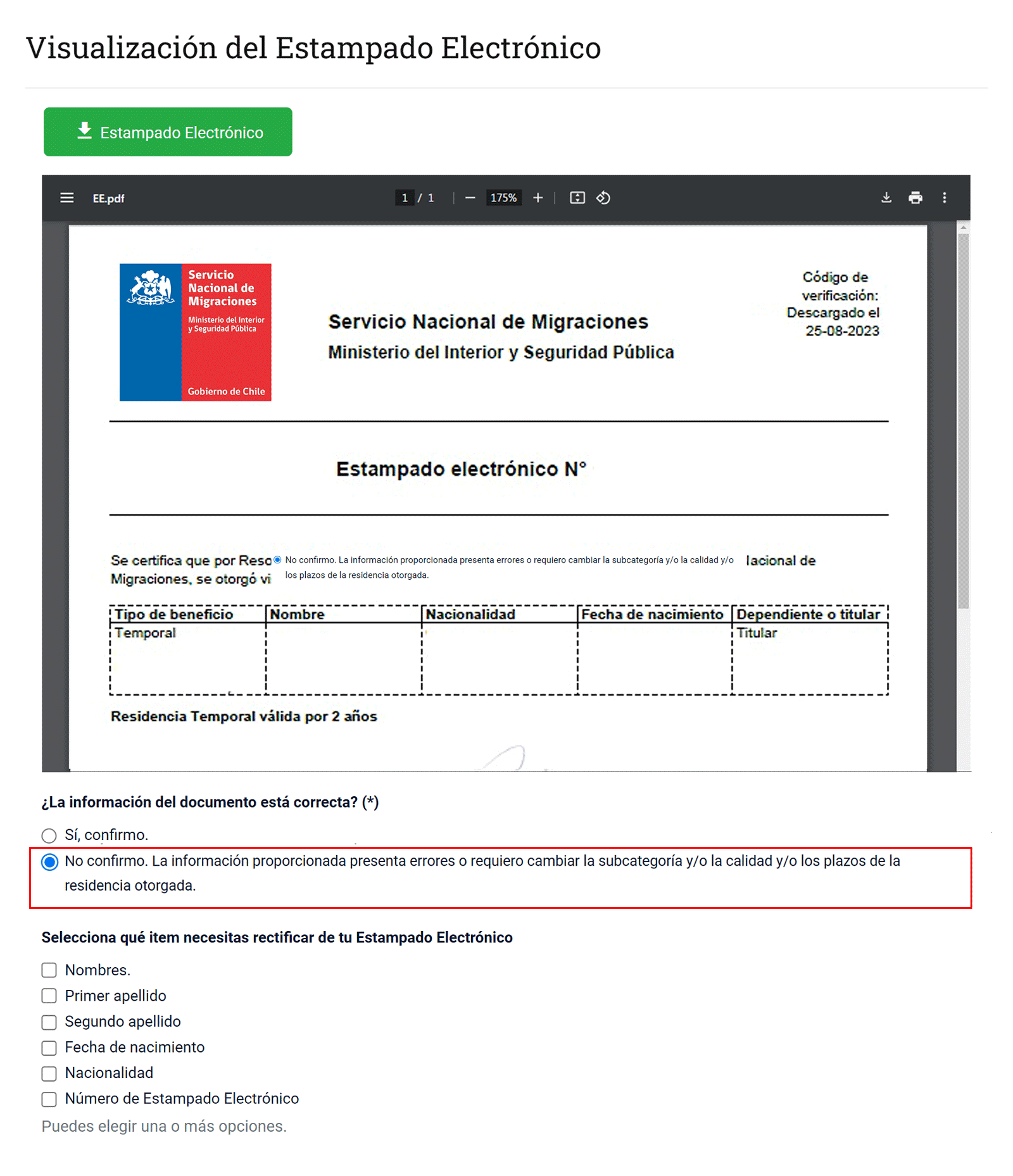 Rectificación de Residencia Temporal otorgada en Portal de Trámites de SERMIG.